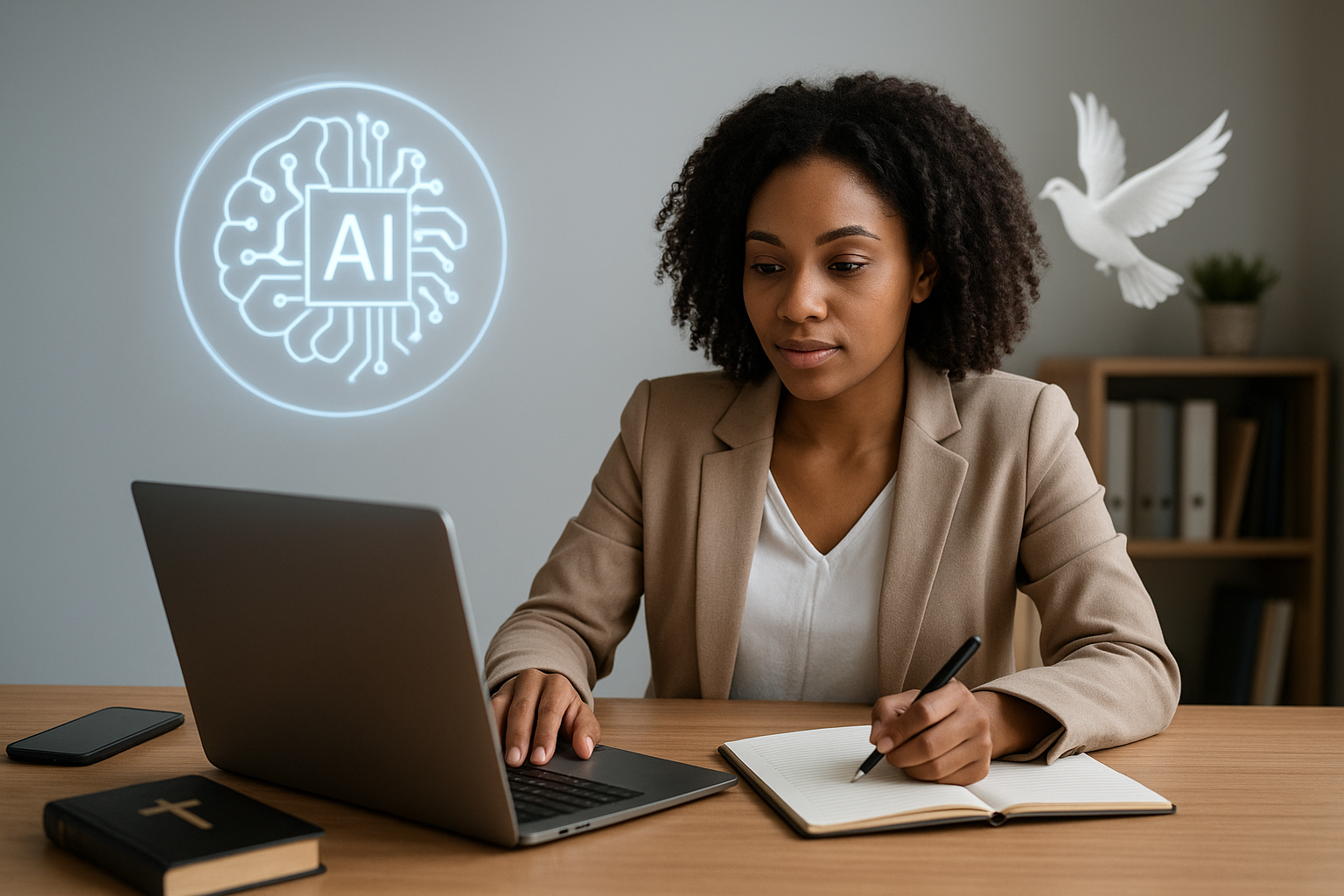 Femme entrepreneure chrétienne travaillant avec son ordinateur, guidée par le Saint-Esprit et soutenue par l'IA, Bible sur le bureau.